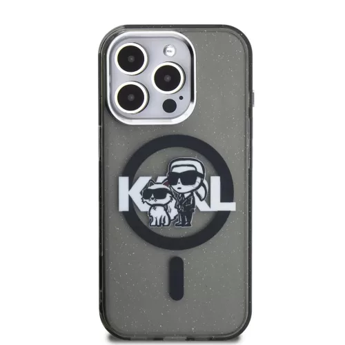 Karl Lagerfeld IML Glitter Karl and Choupette Sketch MagSafe tok iPhone 15 Pro készülékhez fekete