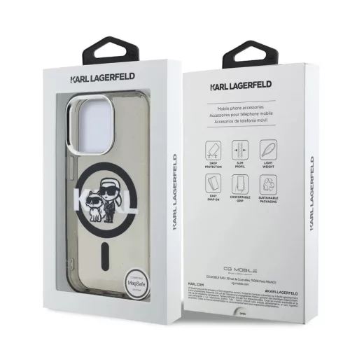 Karl Lagerfeld IML Glitter Karl and Choupette Sketch MagSafe tok iPhone 15 Pro készülékhez fekete