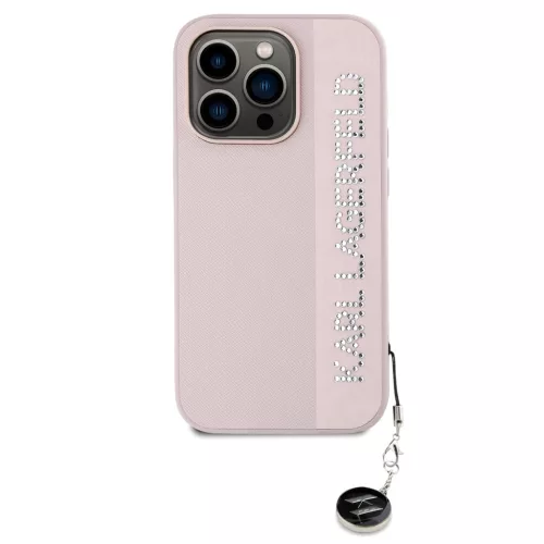 Karl Lagerfeld PU Saffiano Rhinestone Charm tok iPhone 14 Pro Max készülékhez rózsaszín