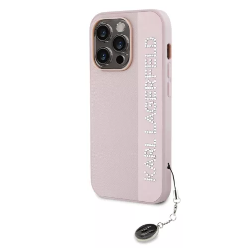 Karl Lagerfeld PU Saffiano Rhinestone Charm tok iPhone 14 Pro Max készülékhez rózsaszín