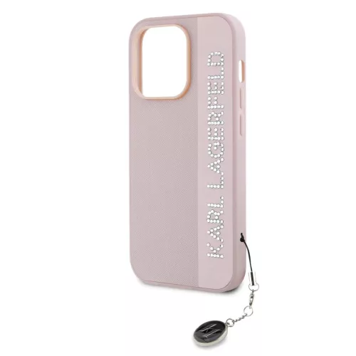 Karl Lagerfeld PU Saffiano Rhinestone Charm tok iPhone 14 Pro Max készülékhez rózsaszín