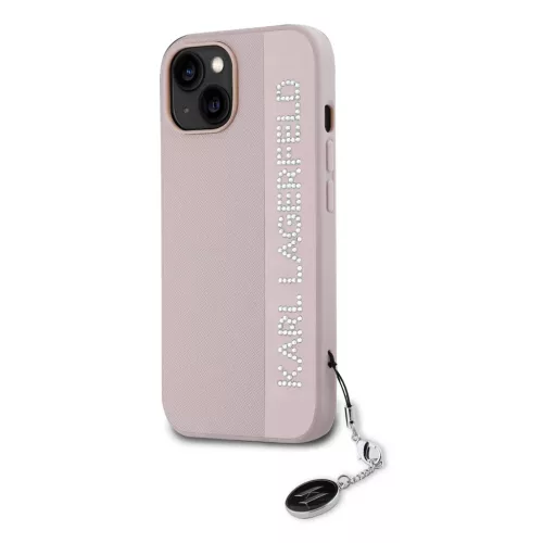 Karl Lagerfeld PU Saffiano Rhinestone Charm tok iPhone 15 készülékhez rózsaszín