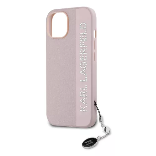Karl Lagerfeld PU Saffiano Rhinestone Charm tok iPhone 15 készülékhez rózsaszín