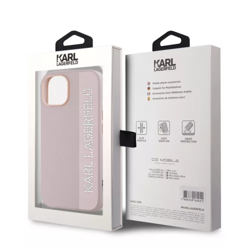 Karl Lagerfeld PU Saffiano Rhinestone Charm tok iPhone 15 készülékhez rózsaszín