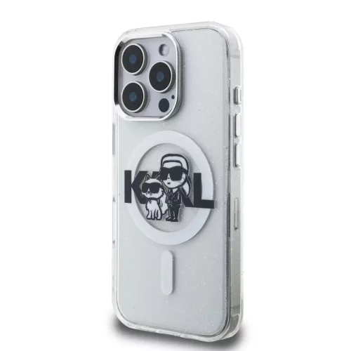 Karl Lagerfeld IML Glitter Karl and Choupette Sketch MagSafe tok iPhone 16 Pro készülékhez átlátszó