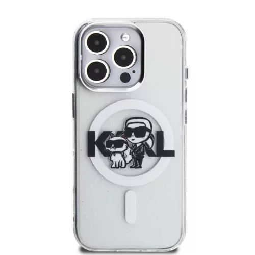 Karl Lagerfeld IML Glitter Karl and Choupette Sketch MagSafe tok iPhone 16 Pro készülékhez átlátszó