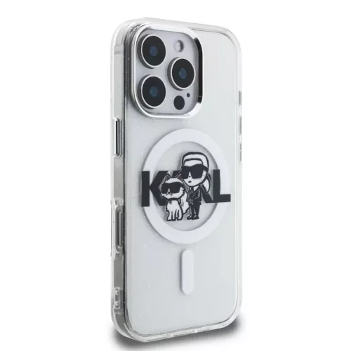 Karl Lagerfeld IML Glitter Karl and Choupette Sketch MagSafe tok iPhone 16 Pro készülékhez átlátszó