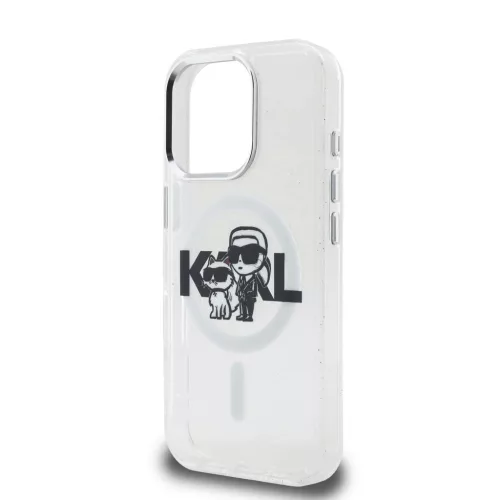 Karl Lagerfeld IML Glitter Karl and Choupette Sketch MagSafe tok iPhone 16 Pro készülékhez átlátszó