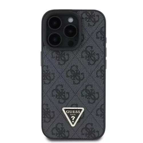 Guess PU 4G Strass Triangle Metal Logo tok iPhone 16 Pro készülékhez fekete
