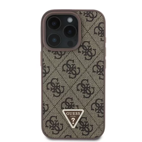 Guess PU 4G Strass Triangle Metal Logo tok iPhone 16 Pro Max készülékhez barna