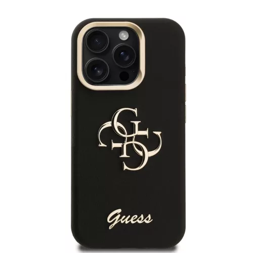 Guess PU texturált 4G Logo állványos kamerakeretes tok iPhone 15 Pro készülékhez fekete