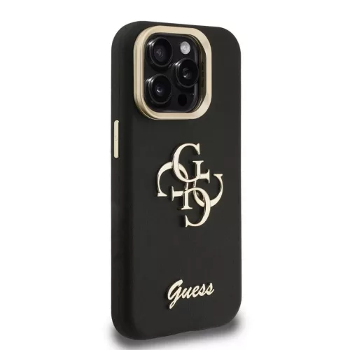 Guess PU texturált 4G Logo állványos kamerakeretes tok iPhone 15 Pro készülékhez fekete
