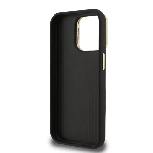 Guess PU texturált 4G Logo állványos kamerakeretes tok iPhone 15 Pro készülékhez fekete