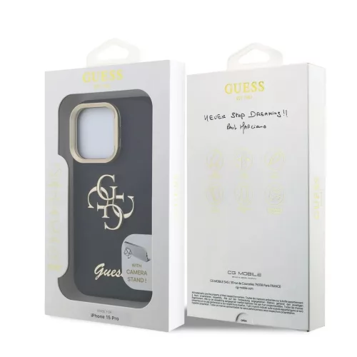 Guess PU texturált 4G Logo állványos kamerakeretes tok iPhone 15 Pro készülékhez fekete