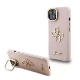   Guess PU Grained 4G Logo állványos kamerakeretes tok iPhone 15 készülékhez rózsaszín