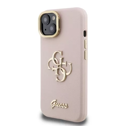 Guess PU Grained 4G Logo állványos kamerakeretes tok iPhone 15 készülékhez rózsaszín