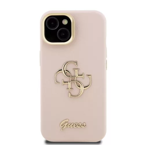 Guess PU Grained 4G Logo állványos kamerakeretes tok iPhone 15 készülékhez rózsaszín