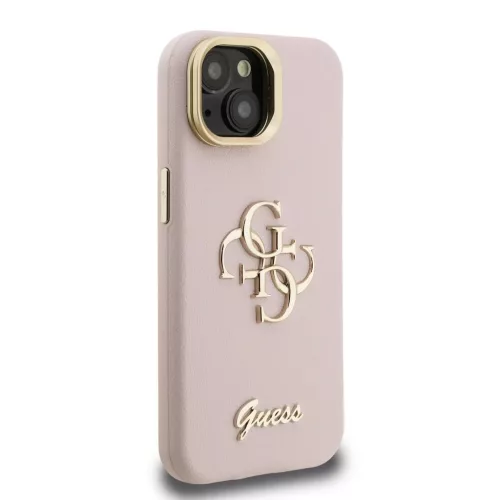 Guess PU Grained 4G Logo állványos kamerakeretes tok iPhone 15 készülékhez rózsaszín