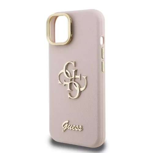 Guess PU Grained 4G Logo állványos kamerakeretes tok iPhone 15 készülékhez rózsaszín