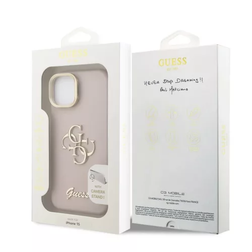 Guess PU Grained 4G Logo állványos kamerakeretes tok iPhone 15 készülékhez rózsaszín