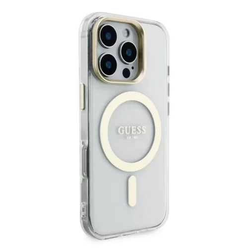 Guess PC/TPU elektrolemezelt állványos kamerakeretes MagSafe tok cserélhető háttérrel iPhone 16 Pro készülékhez