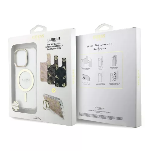 Guess PC/TPU elektrolemezelt állványos kamerakeretes MagSafe tok cserélhető háttérrel iPhone 16 Pro készülékhez