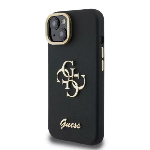 Guess PU dörgölt 4G Logo állványos kamerakeretes tok iPhone 13 készülékhez fekete