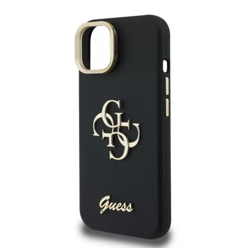 Guess PU dörgölt 4G Logo állványos kamerakeretes tok iPhone 13 készülékhez fekete