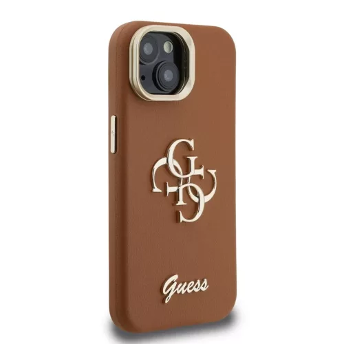 Guess PU domborzott 4G Logo álló kamerakeretes tok iPhone 15 készülékhez barna
