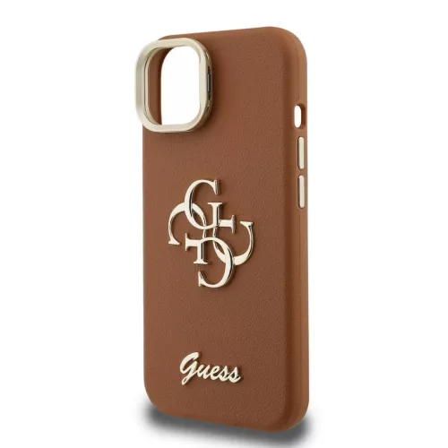 Guess PU domborzott 4G Logo álló kamerakeretes tok iPhone 15 készülékhez barna