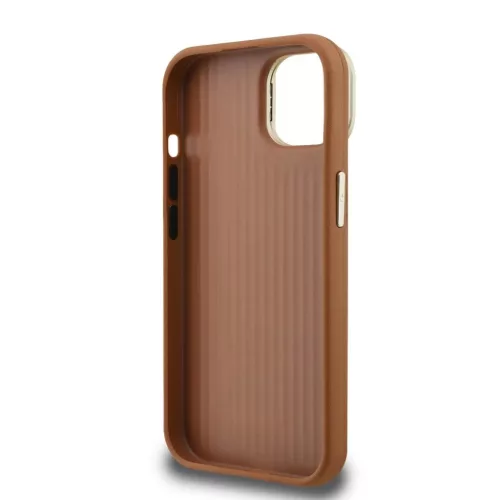 Guess PU domborzott 4G Logo álló kamerakeretes tok iPhone 15 készülékhez barna