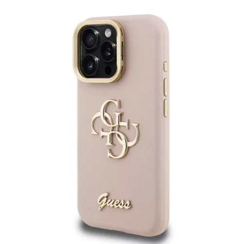 Guess PU Grained 4G Logo Stand Camera Frame tok iPhone 15 Pro készülékhez rózsaszín
