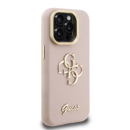 Guess PU Grained 4G Logo Stand Camera Frame tok iPhone 15 Pro készülékhez rózsaszín