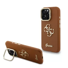   Guess PU Grained 4G Logo állványos kamera keretes tok iPhone 15 Pro készülékhez barna