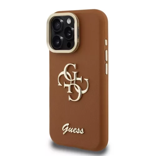 Guess PU Grained 4G Logo állványos kamera keretes tok iPhone 15 Pro készülékhez barna