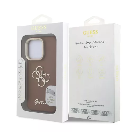 Guess PU Grained 4G Logo Stand Camera Frame tok az iPhone 15 Pro Max készülékhez barna