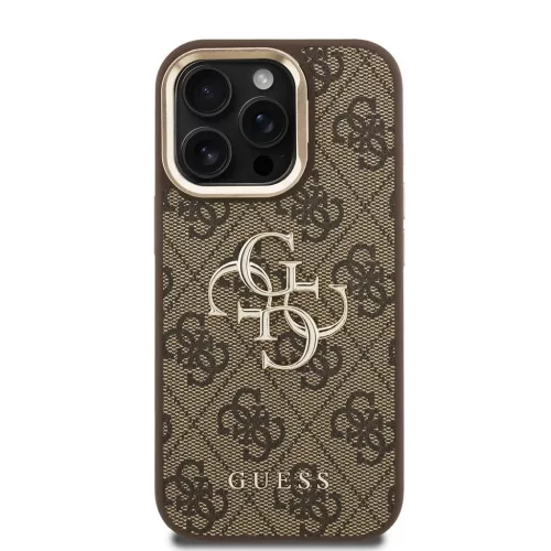 Guess PU 4G Metal Logo Stand Camera Frame tok iPhone 15 Pro készülékhez barna
