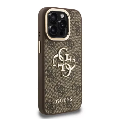 Guess PU 4G Metal Logo Stand Camera Frame tok iPhone 15 Pro készülékhez barna