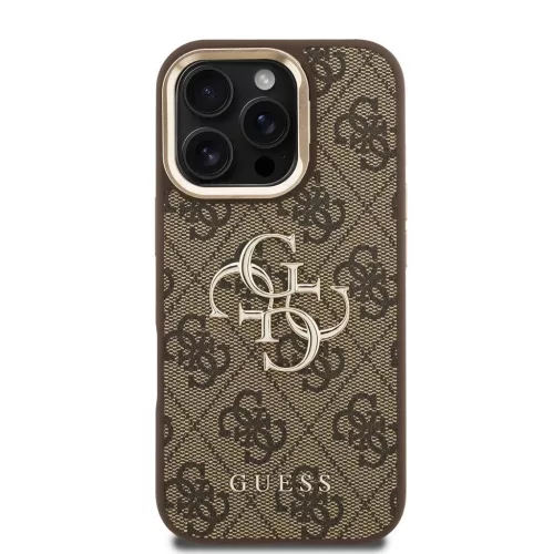 Guess PU 4G Metal Logo Stand Camera Frame tok iPhone 16 Pro készülékhez barna
