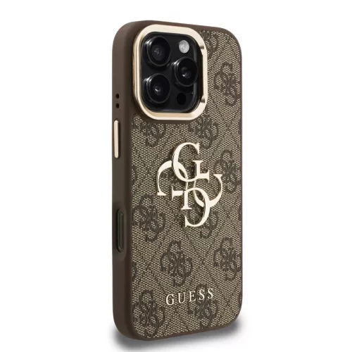 Guess PU 4G Metal Logo Stand Camera Frame tok iPhone 16 Pro készülékhez barna