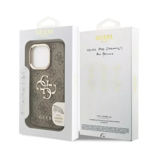 Guess PU 4G Metal Logo Stand Camera Frame tok iPhone 16 Pro készülékhez barna