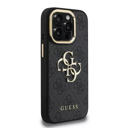 Guess PU 4G Metal Logo Stand Camera Frame tok iPhone 15 Pro Max készülékhez fekete