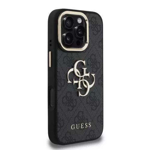 Guess PU 4G Metal Logo Stand Camera Frame tok iPhone 16 Pro készülékhez fekete