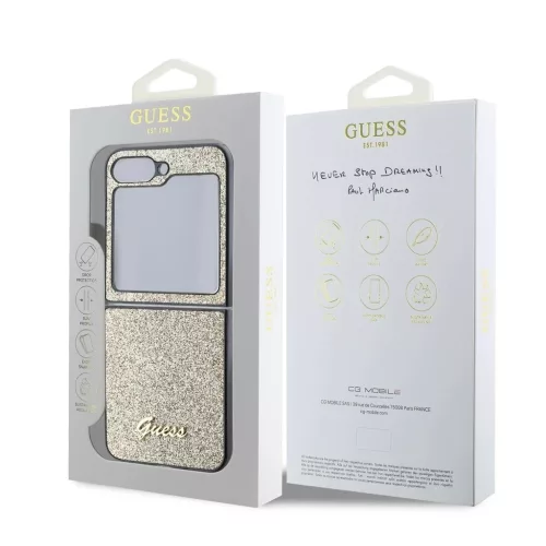 Guess PC/TPU Glitter Flakes Metal Logo tok Samsung Galaxy Z Flip 6 készülékhez arany