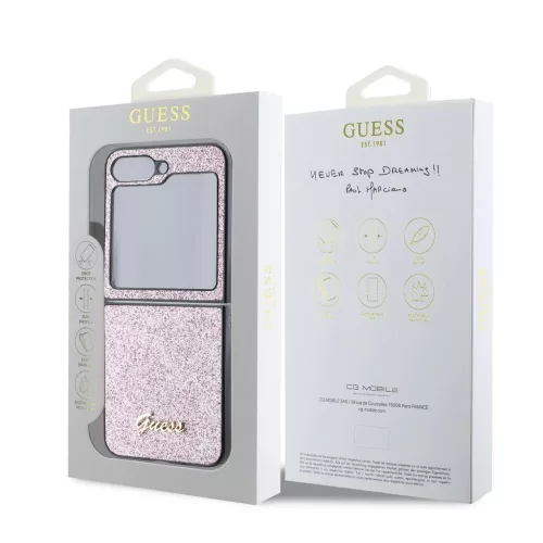 Guess PC/TPU Glitter Flakes Metal Logo tok Samsung Galaxy Z Flip 6 készülékhez rózsaszín