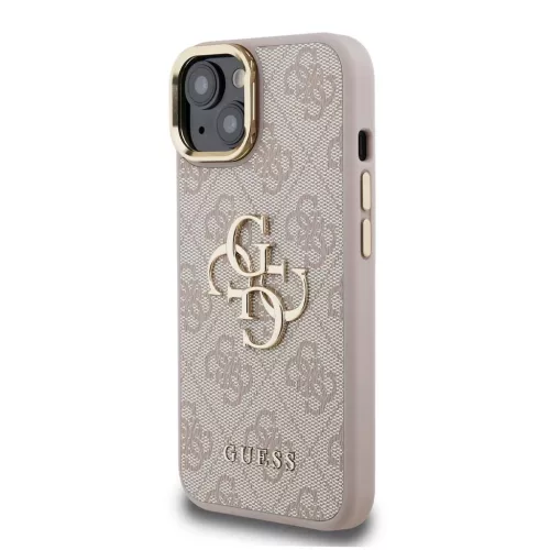 Guess PU 4G Metal Logo Stand Camera Frame tok iPhone 15 készülékhez rózsaszín