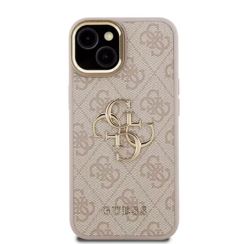 Guess PU 4G Metal Logo Stand Camera Frame tok iPhone 15 készülékhez rózsaszín