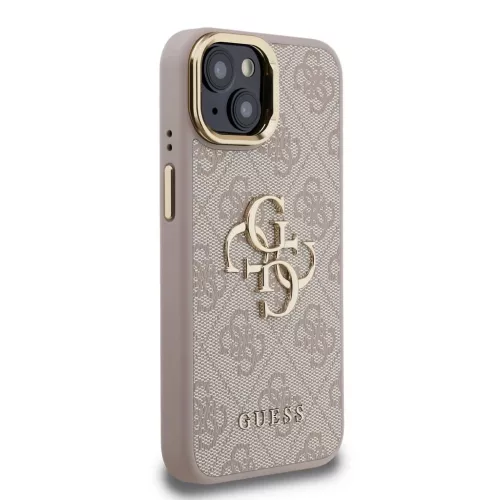 Guess PU 4G Metal Logo Stand Camera Frame tok iPhone 15 készülékhez rózsaszín
