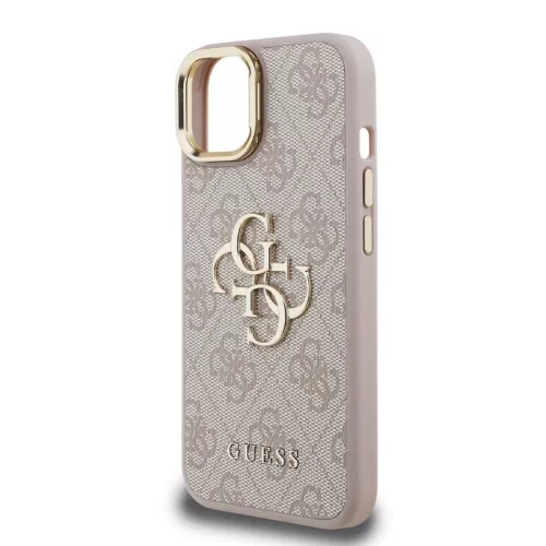 Guess PU 4G Metal Logo Stand Camera Frame tok iPhone 15 készülékhez rózsaszín