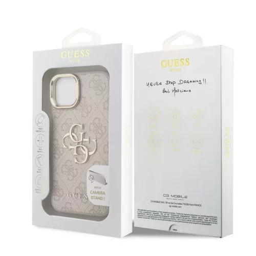 Guess PU 4G Metal Logo Stand Camera Frame tok iPhone 15 készülékhez rózsaszín